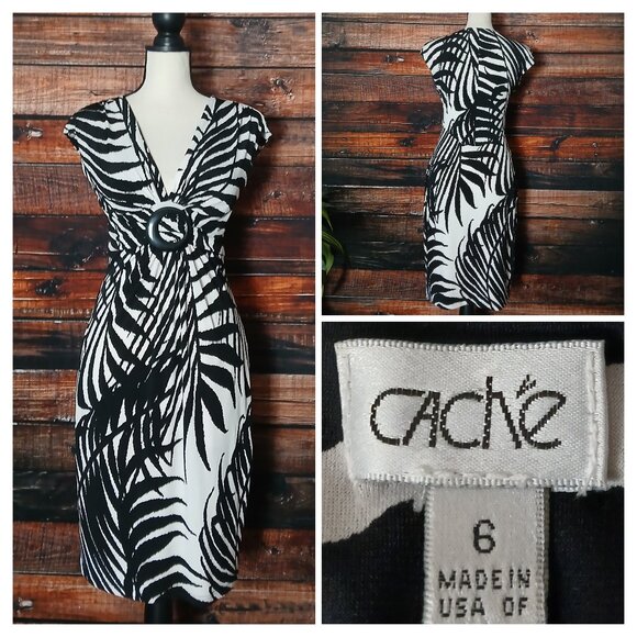 Cache Dress Size 6 White Black Palm Leaf Ruched Cap Sleeve Padded Made in USA - Picture 1 of 10